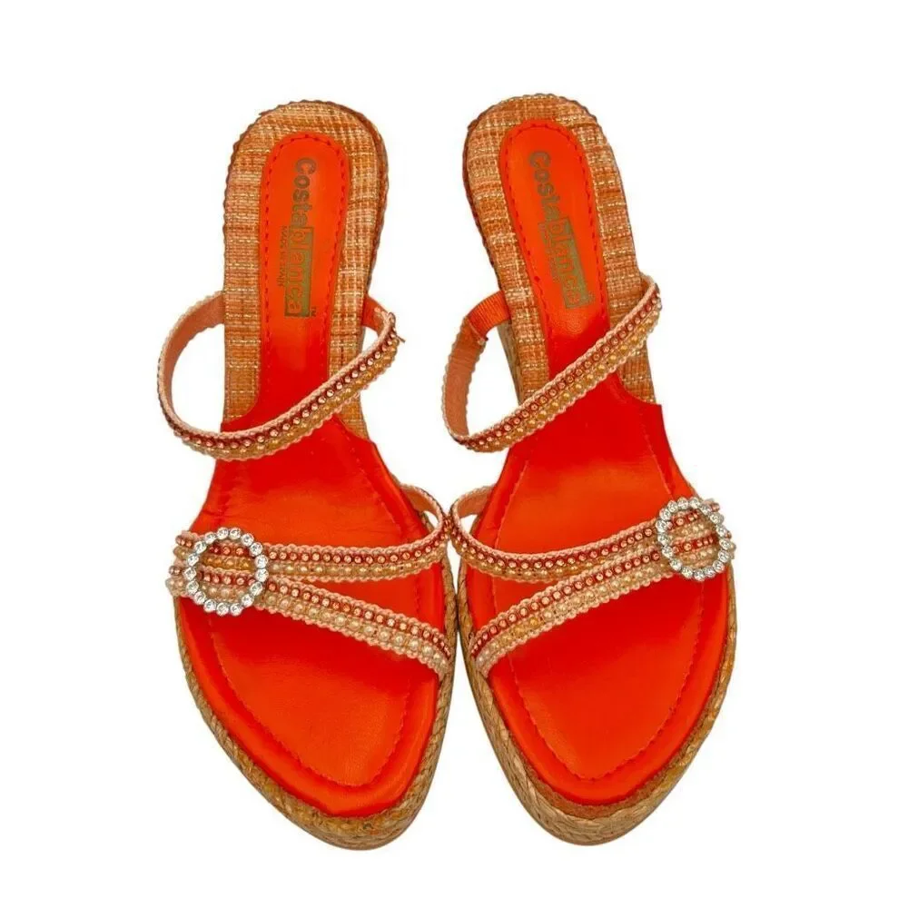 Costablanca Adelia Rhinestone Pearl Espadrille Wedge Heels Orange Size 10 Bling